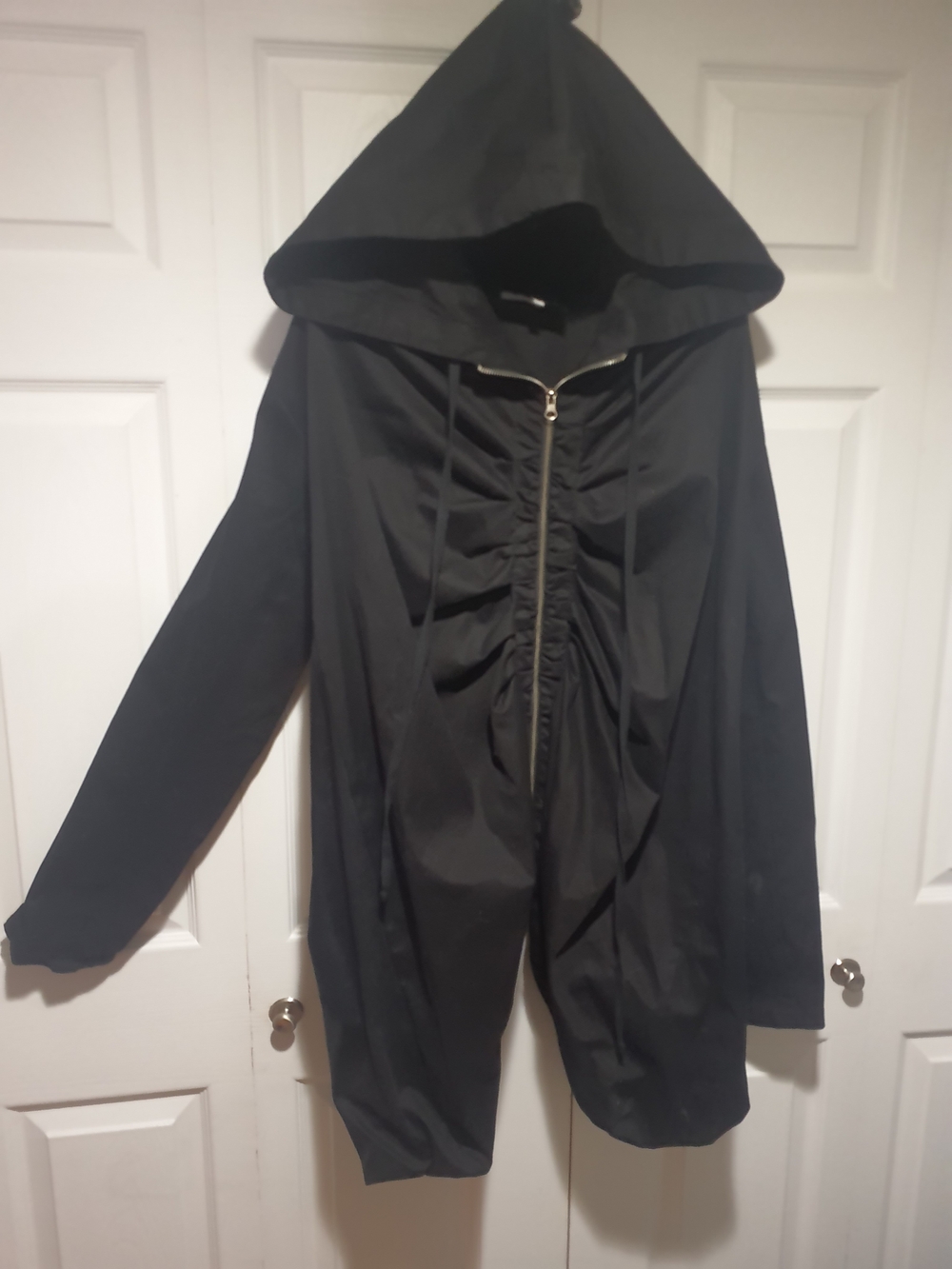 Black Hooded Trench Coat with Gathered Front